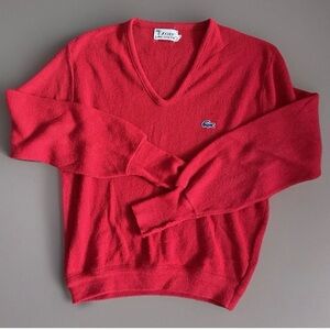 VTG Izod Lacoste grandpa Men's Bright Red V-Neck Sweater with Croc Logo sz med